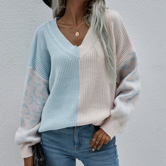 V Neck Leopard Color Block Patchwork‎ Oversized Sweater Pink Blue Small - Picture 1 of 7